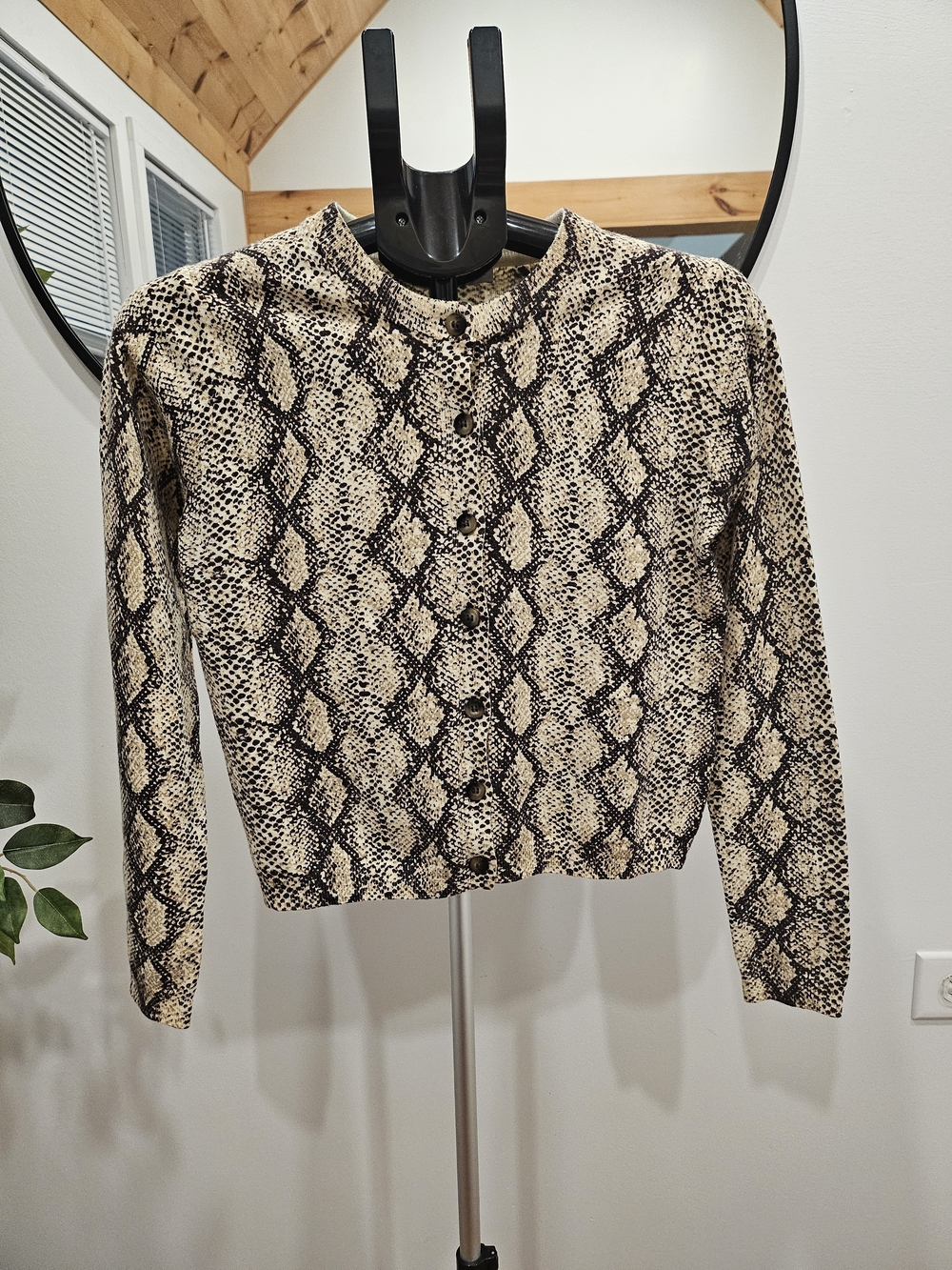 Zara Snake-Print Button Cardigan - Beige & Black